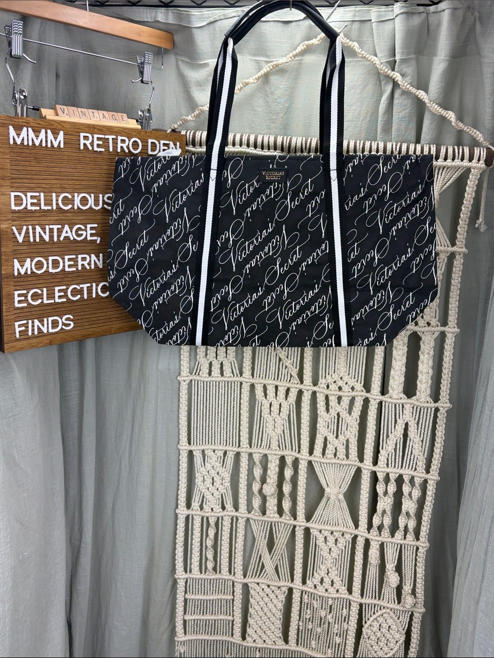 Victoria's Secret Weekender Tote Bag Black with White Script Print